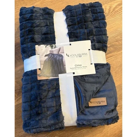 NEW Koolaburra By Ugg Chloe Faux Fur Throw Blanket 50” x 70” Navy Blue - Picture 2 of 6